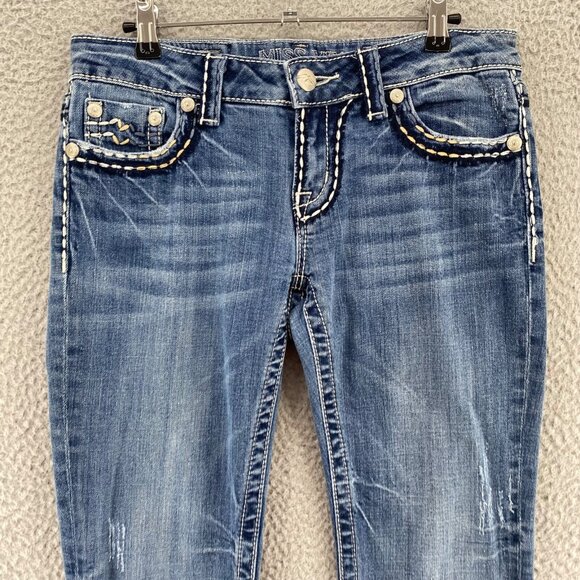 Miss Me Jeans Womens 27 Blue Easy Boot Medium Wash Embroidered Distressed Denim - Picture 2 of 13